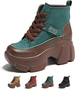 Женские кожаные ботильоны на платформе с бархатной подкладкой, шнуровкой, повседневные ботинки, модные и удобные, средней высоты, с толстой подошвой, для ходьбы и боевые ботинки Generic, Green
