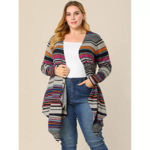 Женский осенний модный полосатый кардиган больших размеров в стиле бохо с открытой передней частью Agnes Orinda, серый