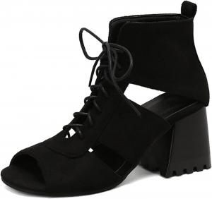 Женские сандалии с блок-каблуком Alyaafifa, 2 дюйма, удобные с открытым носком, ботильоны на каблуке, летние туфли для платья, повседневные, для отпуска, свадьбы и вечеринок, Lace Up - Black Suede