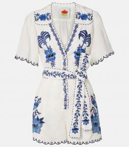 Вышитый ромпер из льняной смеси Farm Rio, Off-White