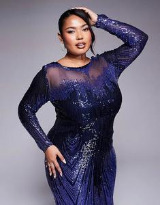 Платье макси Curve с длинными рукавами и пайетками в стиле ацтекского стиля в темно-синем цвете Goddiva