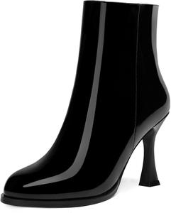 Женские милые лакированные ботильоны WAYDERNS с круглыми носками, застежкой-молнией, высоким каблуком 3,3 дюйма, Black