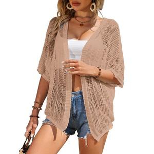 Женский короткий рукав кардиган с сеткой и удлиненными плечами, легкий пляжный топ Seoria, Red Apricot