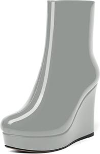 Женские лаковые ботильоны AMBELIGHT с молнией, на платформе, однотонные, с круглым носком, на клиновидном каблуке, средняя голень, 4 дюйма, Grey