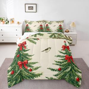 Erosebridal Комплект постельного белья с новогодним принтом птичек и бантиков, Beige Green