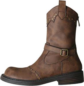 Женские сапоги Lossarye с круглым носком, пряжкой, низким каблуком, средней высоты, модные, с задней молнией, мотоциклетного стиля, винтажные верховые и боевые сапоги, Brown