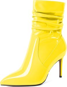 Женские скошенные ботильоны Mettesally с высоким каблуком, заостренным носком, модные стильные с боковой молнией, каблук 3,5 дюйма, ботинки средней высоты, Patent Yellow