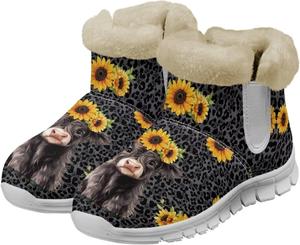 Gekhuqory Женские зимние снегоходные сапоги с принтом коровы и леопарда, теплые, с нескользящей подошвой, короткие ботильоны с меховой отделкой, удобные плюшевые сапоги с меховой подкладкой для путешествий и походов