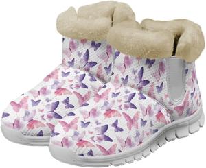 Женские зимние пушистые снежные ботинки с животным принтом, короткие ботинки с мягкой теплой меховой подкладкой для улицы, противоскользящие ботильоны, размер US6-12 Qoiuvncy, Pink Purple Butterfly