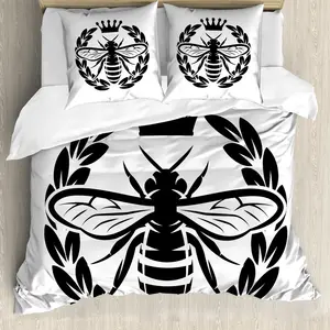 Пододеяльник ABAKUHAUS Королева пчел, монохромный венок, защита от клещей, подходит для аллергиков, с наволочками, 155 см x 220 см - 80 x 80 см, черно-белый