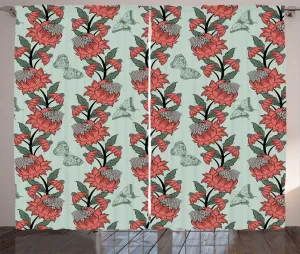 Штора ABAKUHAUS Floral Rustic с силуэтами бабочек и цветов, присборенная тесьма для спальни с петлями и крючками, 280 x 225 см, цвет бледно-голубой коралл Abakuhaus