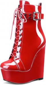 Женские ботильоны Aachcol на платформе с клиновидным каблуком, короткие ботинки, круглый закрытый носок, шнуровка, заклепки, пряжка, лакированные, каблук 6 дюймов, Red