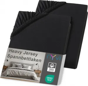 Простыня на резинке DreamScience Heavy Jersey 180, 200 x 220 см, черная, 2 шт. в упаковке, для кроватей с пружинным блоком шириной до 32 см. Простыня на резинке, сохраняет форму, плотность 160 г/м², эластичная по всему периметру, не требует глажки. NYVI