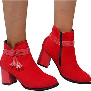 Женские ботильоны Bcshiye с округлым носком, модные, на толстом среднем каблуке, с боковой молнией, удобные зимние ковбойские ботинки, Red