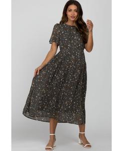 Черное миди-платье для беременных из шифона с цветочным принтом и плиссировкой, короткими рукавами Pinkblush, Teal