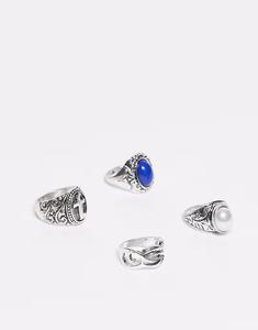 Набор из 4 колец-гранж в стиле унисекс с искусственным синим камнем из полированного серебра Reclaimed Vintage