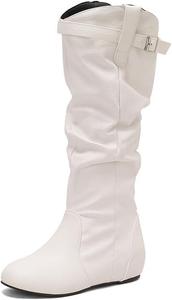 Свободные женские высокие сапоги до колена, на молнии сбоку, осень, зима, ковбойские сапожки в западном стиле для женщин, мягкая искусственная кожа, округлый носок, низкий каблук Generic, Schnalle, Weiß