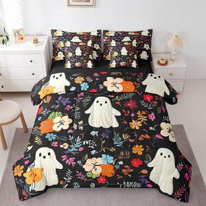 Erosebridal Комплект постельного белья Halloween Ghosts Boho с ботаническими листьями и цветами, праздничная тематика Хэллоуин, Black