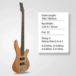 Unbranded Электрогитара 44, бас, праворукая, 4 струны, гриф для школы: клен