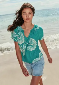 Блузка-Пуф с короткими рукавами, вырезом-лодочкой и сборками, облегающего кроя. Next, Green Palm Print