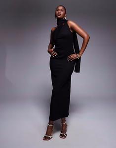 Структурированное платье миди на одно плечо от ASOS DESIGN черного цвета с жатой отделкой и прозрачным поясом на шее