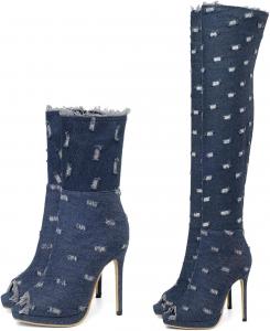 Женские джинсовые ботильоны SHEMEE с открытым носком, на шпильке, летние с молнией, сандалии на высоком каблуке, Short Blue