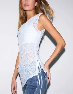 Небесно-голубой кружевной топ Stradivarius с рюшами по бокам