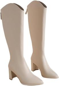 Женские высокие сапоги до колена на высоком каблуке, верховые сапоги с острым носком, боковой молнией, для езды на мотоцикле с пряжкой, для вечеринки Azttoztto, Beige Plush