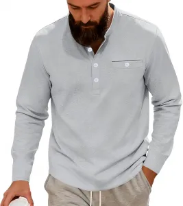 Мужская футболка хенли с длинным рукавом, карманами и свободным кроем