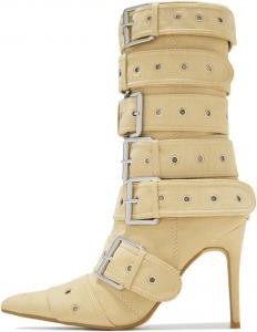 Женские модные ботинки YDN до середины икры с заостренным носком, пряжкой, на каблуке-стилетто, с молнией, для вечеринок, шопинга и повседневной носки, размеры US 4-16, Beige