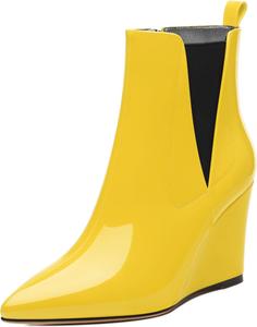 Женские ботильоны, с острым носком на высокой танкетке, короткие сапожки с боковой молнией и эластичной вставкой, высота каблука 3,3 дюйма MISEZOXI, Yellow Patent