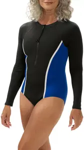 Женский цельный купальник Dolfin Aquashape с застежкой-молнией спереди и воротником-стойкой с длинными рукавами, черный/синий