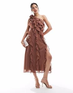 Платье мидакси French Connection Oskar на одно плечо с оборками цвета мокко