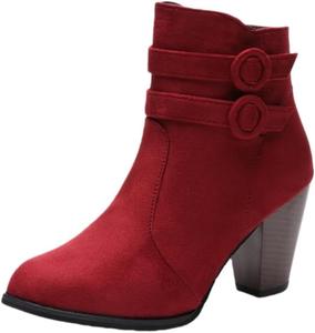 Женские модные короткие ботинки с боковыми молниями, короткими голенищами, массивными каблуками и заостренным носком, с резиновой подошвой. Подходят для ежедневного использования. HoaloX, Red