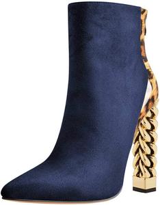 FSJ Модные женские ботильоны с заостренным носком, массивным каблуком, золотистого цвета, высокий каблук, для вечеринки, выпускного, сапоги с молнией, размеры 37-48, Marineblauer Leoparden-Absatz.