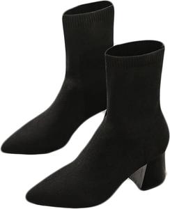 Женские осенне-зимние сапоги Yiozoi до середины икры с заостренным носком, уличные скуфовые каблуки, носочные сапоги, повседневная обувь и легкие тапочки, Black Plush 4.5Cm