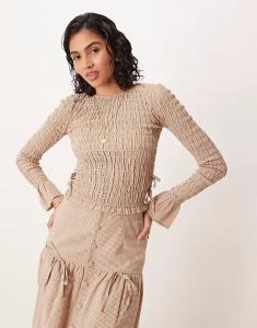 Гламурный топ с длинными рукавами и завязками по бокам в светло-коричневой клетчатой расцветке Glamorous