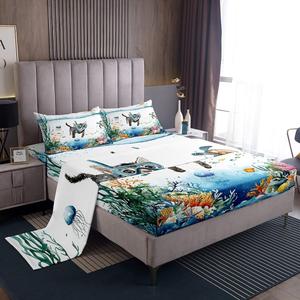 Erosebridal Комплект постельного белья Funny Little Cat с морскими черепахами, медузами и кораллами в синем океанском стиле, Blue White Green Orange Grey