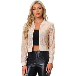 Женский укороченный бомбер с блестками и молниями ALLEGRA K, цвет Apricots