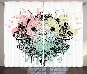 Штора ABAKUHAUS в деревенском стиле с изображением животных, французского бульдога, присборенная штора из тесьмы для спальни с петлями и крючками, 280 x 225 см, светло-зеленый/светло-розовый Abakuhaus