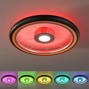 Моя домашняя потолочная лампа Bela, Wheel, Reifen, потолочная лампа в дизайне шины LED-модуль 1 шт. Ø 51 см, основное освещение и рассеянное освещение можно включать отдельно My Home, Edelstahlfarben/schwarz/orange / gelb