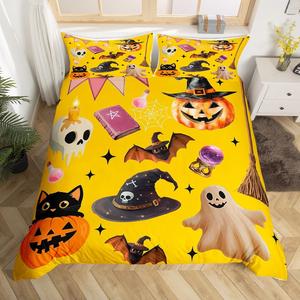 Erosebridal Комплект постельного белья Halloween Bats с милыми ведьмовскими шляпами, тыквами и призраками в винтажном стиле, Yellow Black
