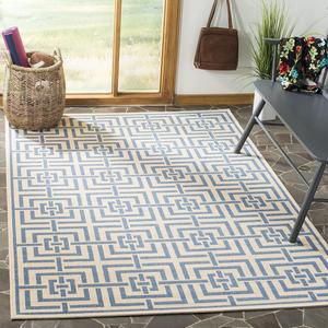 Ковер SAFAVIEH, 122 x 183 см,  Linden Collection Cream/Blue LND128N геометрический для дома и улицы, не линяет, легко чистится, для патио, заднего двора, крыльца, террасы, прихожей