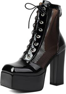 Женские модные ботильоны с квадратным носком на военной платформе со шнуровкой Renessmi, Black 2