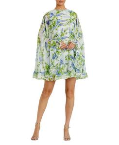 Мини-платье-накидка с цветочным принтом, высоким воротником и оборкой по подолу Mac Duggal, белый