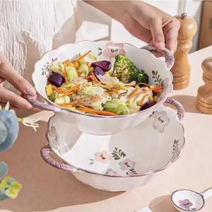 Ceramics Керамическая рисовая чаша с подглазурным покрытием для дома, набор стильных мисок и тарелок 2025, комбинация посуды, подарок на новоселье, суповая чаша с двумя ручками 24 см