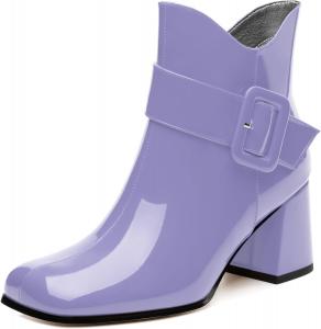 Женские ботильоны средней высоты с квадратным носком и толстым каблуком, короткие ботинки, модные с боковой молнией, однотонные лакированные ботильоны, удобные повседневные рабочие ботинки GUAVAIVY, Lavender Patent