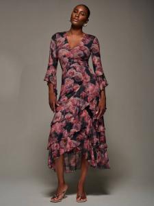 Цветочное платье миди с ярусами из сетки Jolie Moi, Red