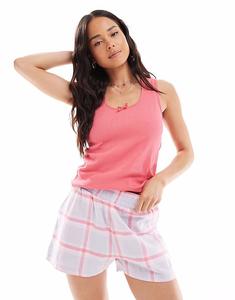 Пижамный комплект из потертого хлопкового клетчатого комплекта с шортами и жилеткой розового и сиреневого цвета Threadbare