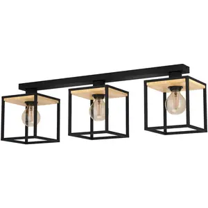 Потолочный светильник LIBERTAD, сталь и дерево, E27, IP20, для обеденного стола, лампа E27 1 шт. Настенно-потолочный светильник, размеры L86 x B18 x H24 см, черный, коричневый, 3x40 Вт исключено. Eglo, черный/коричневый